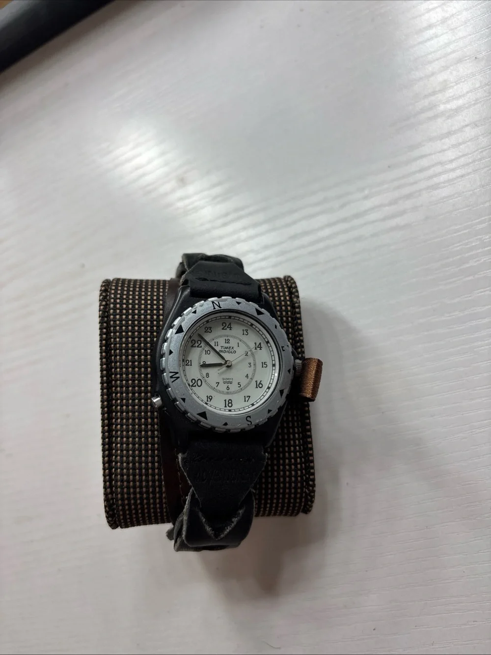 Timex Black Strap Watch with White Dial and Compass Bezel